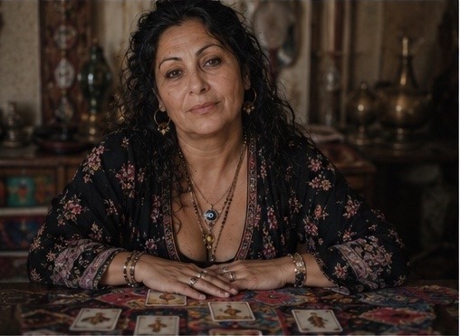 Nadja resting her chin on her hand beside lit candles