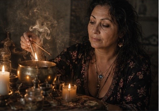 Nadja burning incense over a brass bowl before a reading