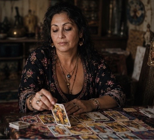 Nadja placing a tarot card on her reading table