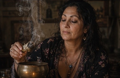Nadja holding a smoking smudge stick over a brass bowl