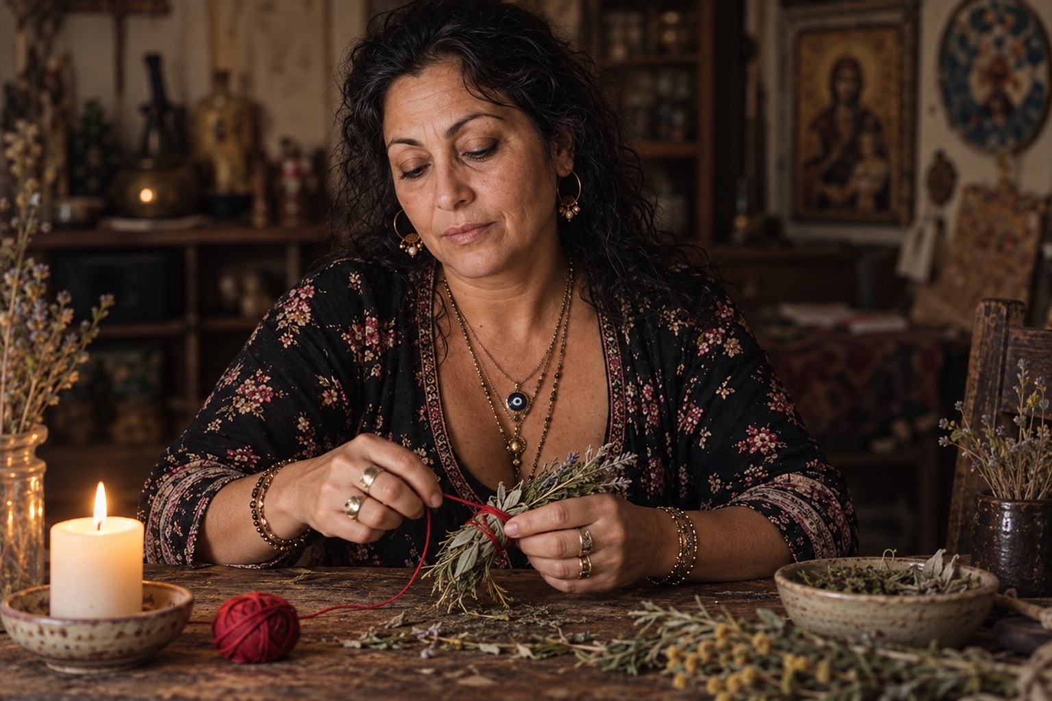 Nadja tying red thread around dried herbs at her reading table beside a candle